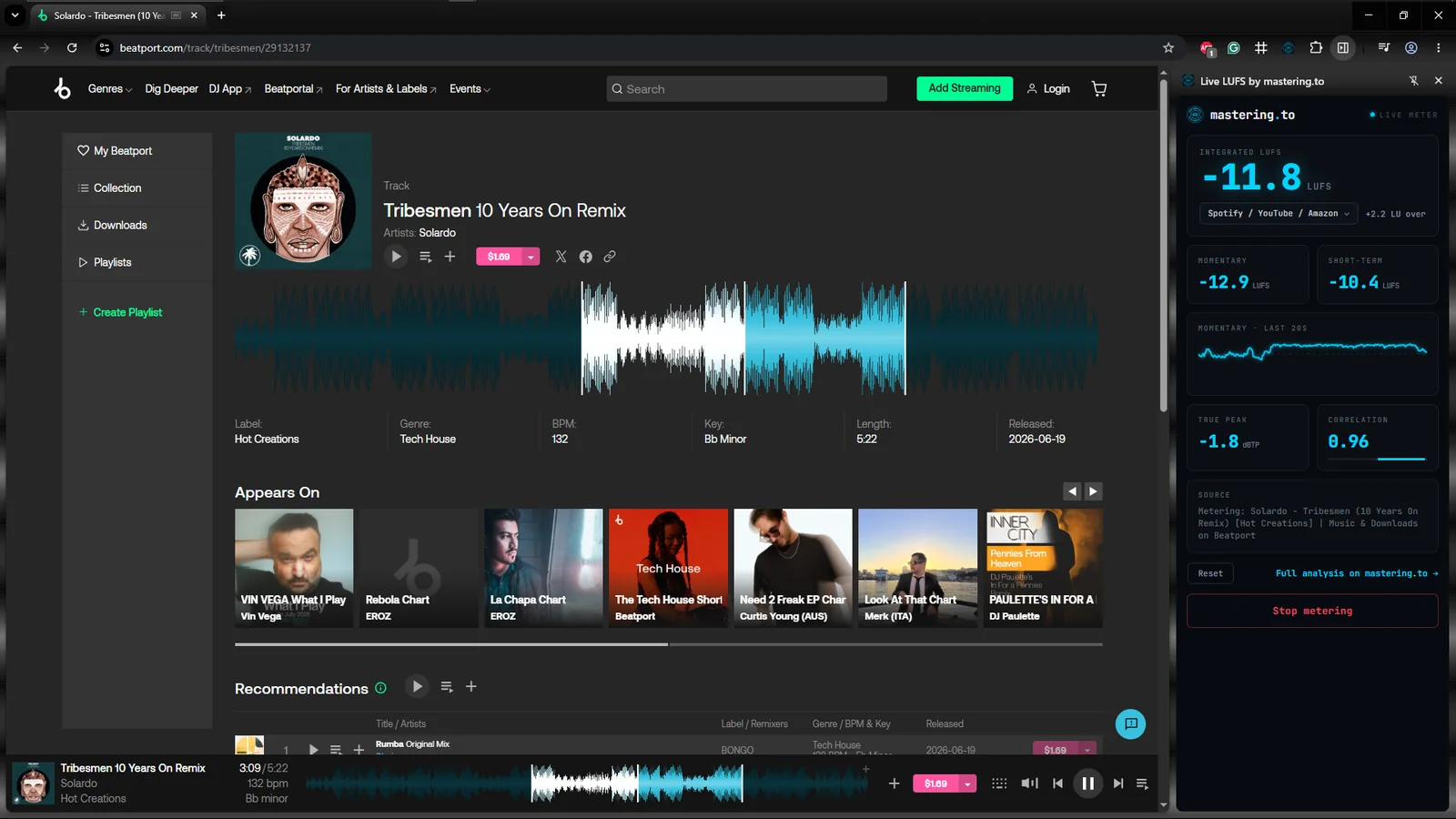 Live LUFS metering a track on Beatport, reading -11.8 LUFS against the Spotify target